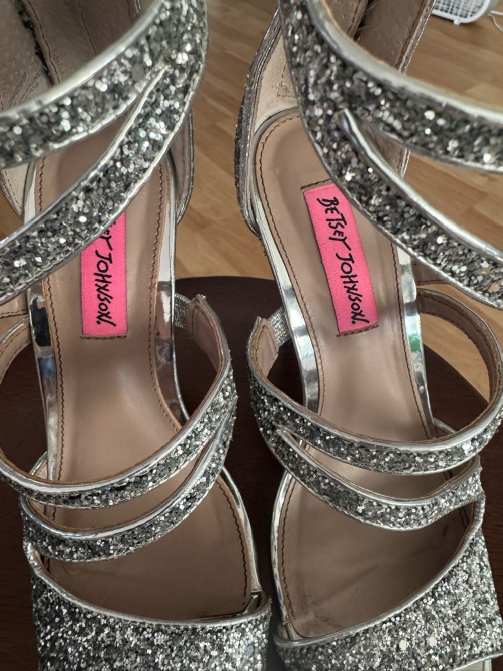 Betsey Johnson Silver Izzy Glitter Strappy High Heel Sandals Size 6.5 - Picture 2 of 8